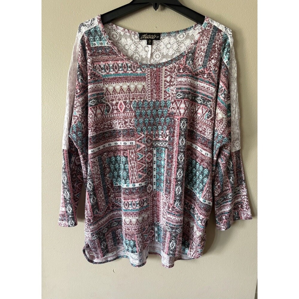 Absolutely Famous Women's 3XL Aztec Print White Lace Long Sleeve Blouse Top